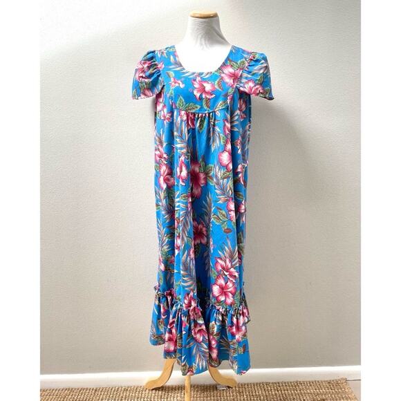 Vintage Hawaiian Muumuu Royal Hawaiian Blue Floral Midi Dress Women's Large - Picture 9 of 11